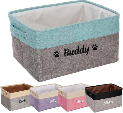 Ulico Personalized Dog Toy Storage Basket, Collapsible Pet Storage Organizer Box with Handles, Custom Dog Toy Bin with Pet's Name Cat Toy Storage Gift for Dog Lovers（Grey Blue）