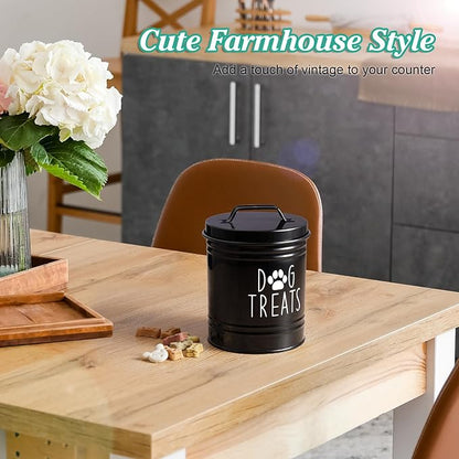 Small Dog Treat Container Airtight - 6" Tall X 4.9" Round Black Dog Treat Jar for Kitchen Counter - Rustic Treat Storage Canister for Dogs, Cats, Small Animals - Gifts for Pet Owners