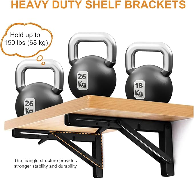 Storystore Folding Shelf Brackets - 12 Inch Heavy Duty Metal Collapsible Shelf Bracket for Bench Table, Shelf Hinge Wall Mounted Space Saving DIY Bracket, Max Load: 150 lb (2PCS, Black)