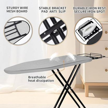 Ironing Board, 43x14 Inch Iron Board with Steam Rest, Heavy Duty Metal Frame Legs Ironing Table with Heat Resistant Cover Mat, Foldable Full Size Hanger Ironing Stand (Grey, 52" L x 14" W x 34.6" H)