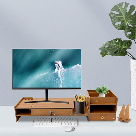 Wood Computer Monitor Stand for Desk Monitor Riser with Drawers & Lock Monitor Stand Organizer Desk Storage Shelf Office Desk Accessories for PC, Laptop, Printer (Wood, 4.13'' H)
