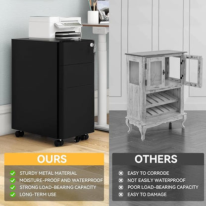 DWVO 3-Drawer Vertical File Cabinet, Mobile Filing Cabinet with Lockable, Pre-Assembled Compact Slim File Cabinet, Portable Office Storage for A4/Letter/Legal Documents (Black)