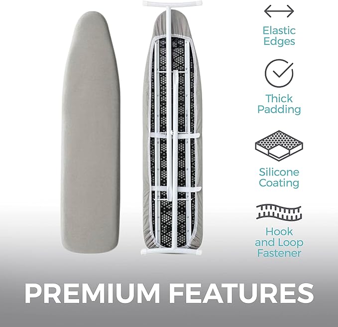 HOME GENIE Ironing Board Cover, Extra Thick Padding, Scorch Resistant Silicone Coating, 15x54 Full Size, Elastic Edge Heavy Duty Iron Pad Covers Standard Boards, Hook and Loop Fastener Strap, Silver