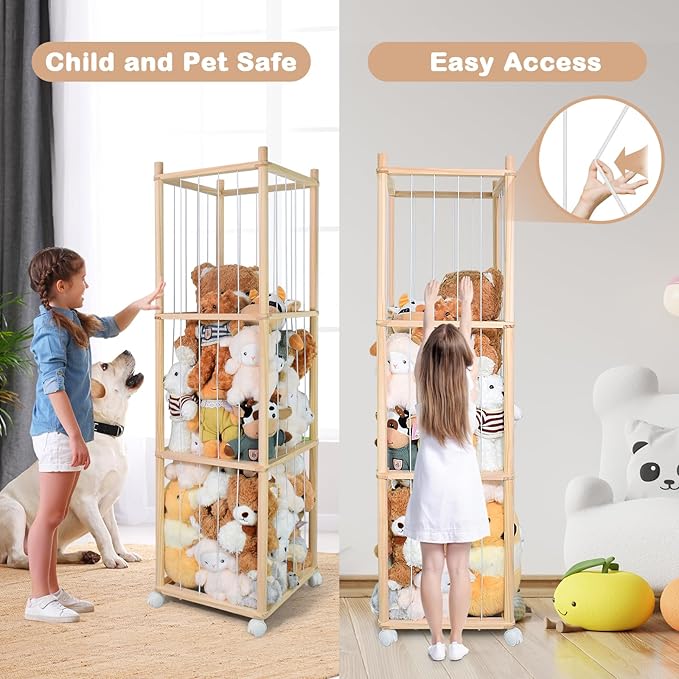 Stuffed Animal Storage, Wood Stuffed Animal Zoo Storage with Brake Wheels, Space Save Toy Organizer, Large Capacity Stuffed Animal Holder, Perfect for Nursery Playroom Kidroom Bedroom-54.3 Inch