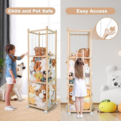 Stuffed Animal Storage, Wood Stuffed Animal Zoo Storage with Brake Wheels, Space Save Toy Organizer, Large Capacity Stuffed Animal Holder, Perfect for Nursery Playroom Kidroom Bedroom-54.3 Inch