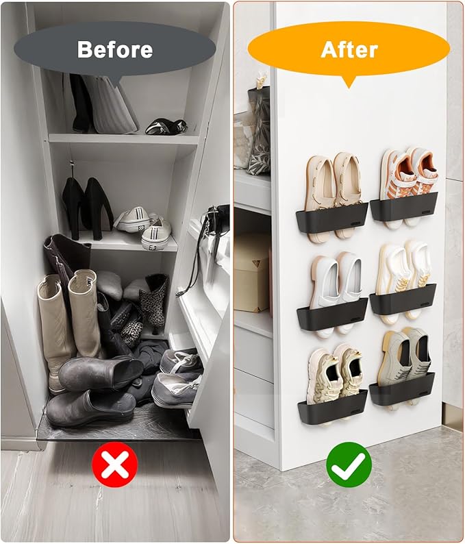 6-Pack Wall Mounted Shoe Rack with Sticky Strips, Space Saving Hanging Shoe Rack, No-Drill Hanging Shoe Shelves, Ideal for RV, Campers, Door, Closet