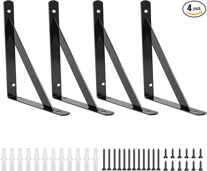 4 Pack L 6" x H 4" Heavy Duty Shelf Brackets with Screws Open Floating Shelving Bracket L Brackets Black Metal Shelf Brackets for Shelves, Room, Pantry,Garage
