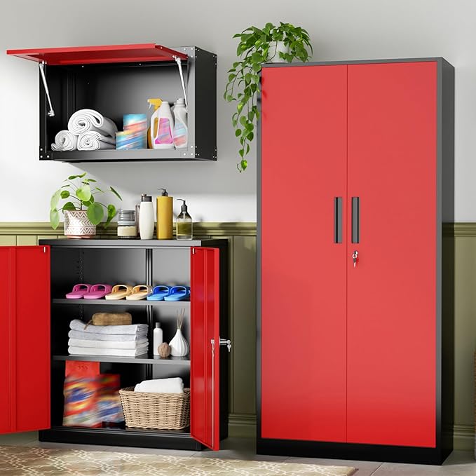 SUNCROWN 72" Metal Storage Cabinet - Heavy-Duty Metal Garage Cabinet with 4 Adjustable Shelves & 2 Doors for Tools, Office, Home, Workshop,Black & Red-Small