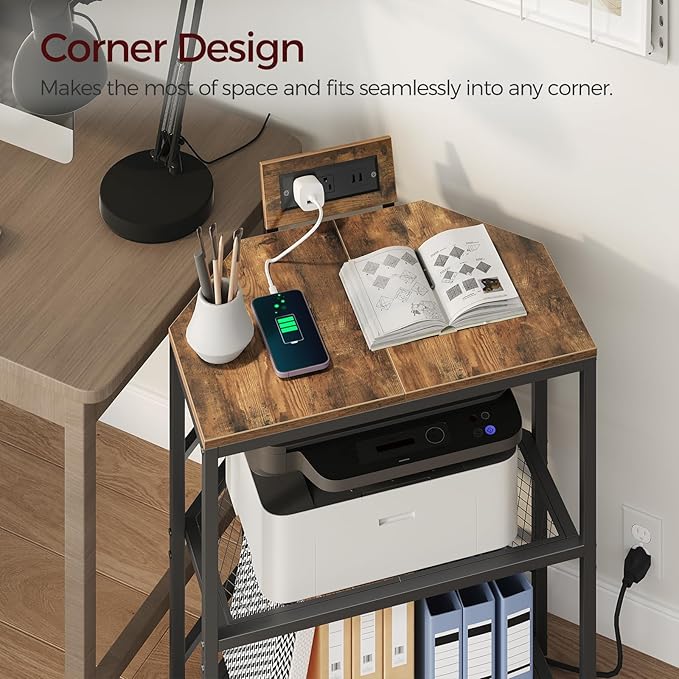Corner Printer Stand with Charging Station, 3-Tier Large Printer Table with Adjustable Feet, Metal Frame Storage Shelf for Office, Living Room, Small Space, Rustic Brown PTHR14E01