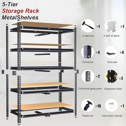 Garage Shelving Unit,40''W Black Storage Shelf,5 Tier Storage Racks and Shelving, Shelves Units Free Standing, Heavy Duty Metal Adjustable Shelves for Kitchen/Tool/Office (20''Dx40''Wx72''H)