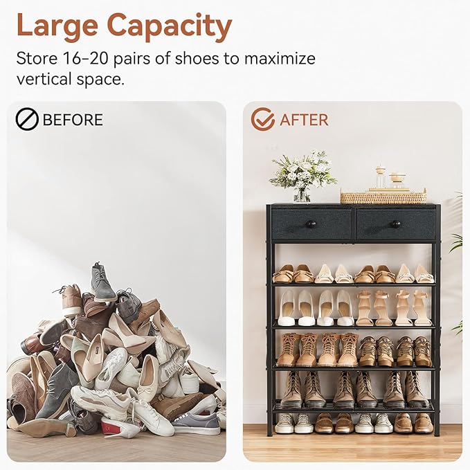 Shoe Rack for Entryway, 5 Tier Shoe Organizer with 2 Non-Woven Drawers, Metal Storage Shoe Shelf for 16-20 Pairs of Shoes, with Wooden Top and Steel Frame, Shoe Stand for Closet Black Grey