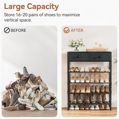 Shoe Rack for Entryway, 5 Tier Shoe Organizer with 2 Non-Woven Drawers, Metal Storage Shoe Shelf for 16-20 Pairs of Shoes, with Wooden Top and Steel Frame, Shoe Stand for Closet Black Grey