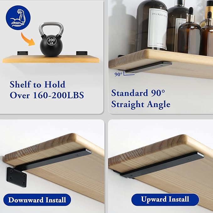Alise Floating Shelf Brackets Black, 4 Pcs L Brackets for Shelves,10'' Hidden Invisible Shelf Brackets, 1/5" Inch Thick Heavy Duty Metal Wall Shelf Support Corner Brackets for Home and Mounting Shelf