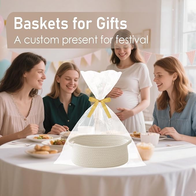Woven Basket,Small Rope Storage Bin with Handles & Ribbon Bag, Organizer for Shelves Closets,Gift Basket Empty for Birthday,Books,Dog Toys,White/3 Pack