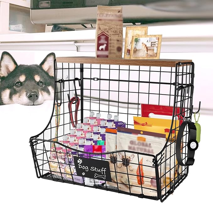 Geyecete pet supplies wall basket storage storage basket Wall wire basket with Wood Lid Nameplat storage rack multifunctional countertop organizer