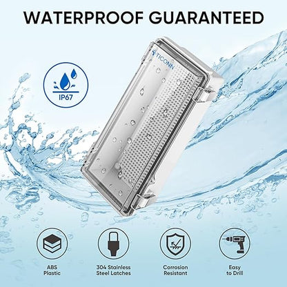 TICONN Outdoor Electrical Box Waterproof, Junction Box IP67 ABS Plastic Enclosure with Hinged Cover with Mounting Plate, Wall Brackets, Cable Glands (Clear, 10.2"x4.3"x3.0")