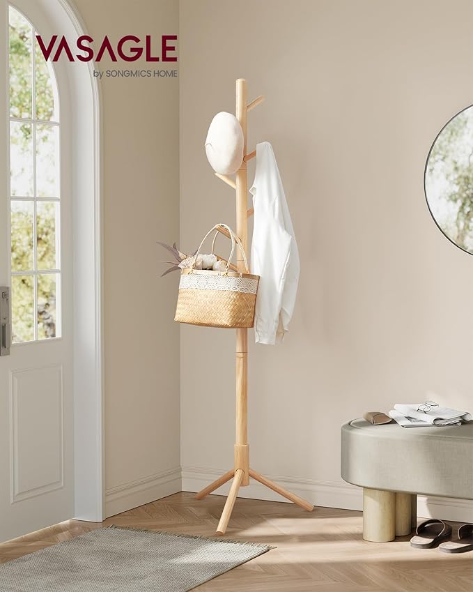 VASAGLE Solid Wood Coat Rack, Free Standing Tree-Shaped Coat Rack with 8 Hooks, 3 Height Options, for Clothes, Hats, Bags, Living Room, Bedroom, Home Office, Natural Beige URCR004N01