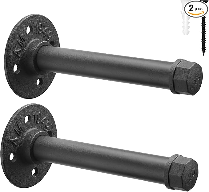 Industrial Pipe Clothing Rack 6 Inch 2 Pack, Wall Mounted Clothes Rack-Pipe Shelf Brackets Heavy Duty Closet Rod for Hanging Clothes Rustic Metal Garment Rail Laundryroom