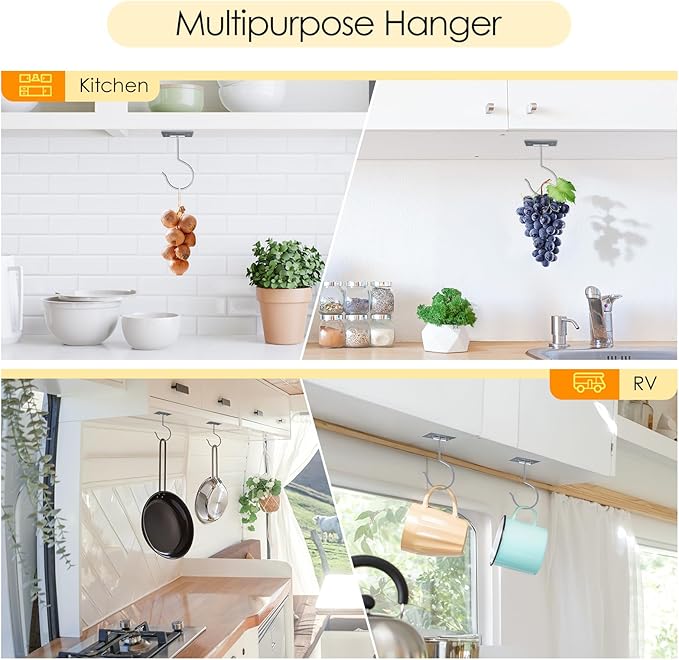 2PCS Self Adhesive Banana Hook Under Cabinet Foldable Banana Hanger Metal Under Counter Banana Hook to Keep Bananas Fresh Banana Holder for Kitchen RV Space Saving, Silver