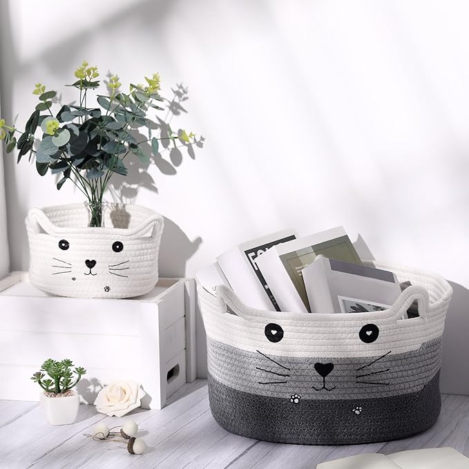 Zopeal Cat Basket Storage Woven Organizer with Ears Easter Decorative Gift Pet Toy Cute Cotton Rope Basket for Gift Cat Dog Toy Bin Nursery Room(13.7 x 7.8 Inch,White, Light Gray, Dark Gray)