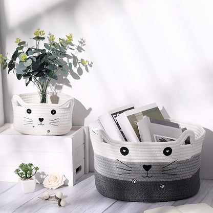 Zopeal Cat Basket Storage Woven Organizer with Ears Easter Decorative Gift Pet Toy Cute Cotton Rope Basket for Gift Cat Dog Toy Bin Nursery Room(13.7 x 7.8 Inch,White, Light Gray, Dark Gray)