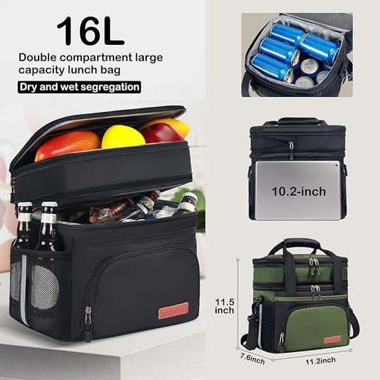 Tactical Lunch Box for Men & Women – Expandable 16L Double Deck Insulated Cooler Bag for Work, Construction & 12-Hour Shifts – Heavy Duty Leakproof Large Meal Prep Tote with Shoulder Strap