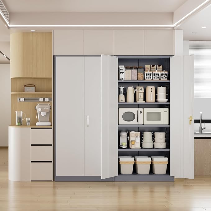 Pataku Metal Storage Cabinet, 71" Garage Cabinet with Doors and Shelves Lockable Steel Multifunctional Cabinets, File Cabinets for Home, Office, Garage, Warehouse(White Grey)
