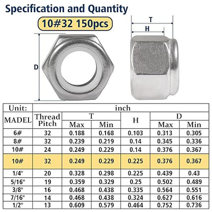 150 Pack 10#32 Nylon Insert Locknuts,304 (A2-70) Stainless Steel Lock Nuts,Standard Inch Thread Nylock Nuts