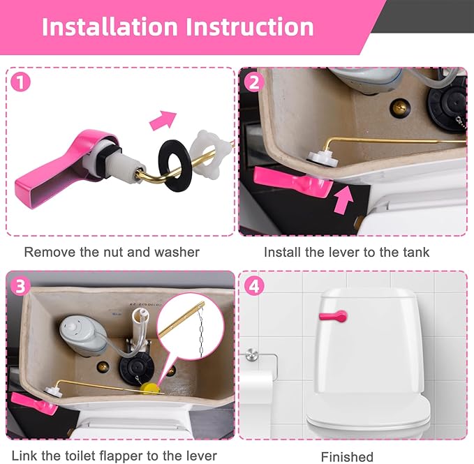 Hibbent Universal Metal Front Mount Toilet Handle Replacement Kit, Brass Toilet Flush Tank Lever with Stainless Steel Flapper Chains for Most Toilets, Pink
