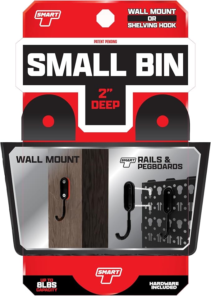 Smart T Pegboard Bin Attachment | 2" Deep Bin for Tool Organization | Add to Your Garage Pegboard, Space Saving Tool Holder - Wall Mount or Shelving Hooks