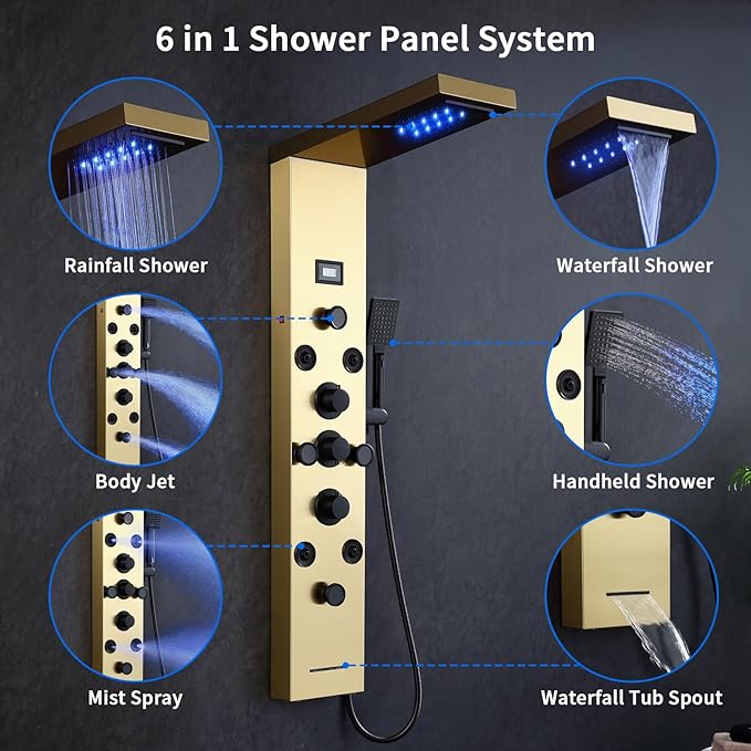 POPFLY LED Rainfall Waterfall Shower Panel Tower System, 4 Body Jets and 4 Mist Spray, 3-Function Handheld Shower, Stainless Steel Shower Tower with Temp Display, Brushed Gold