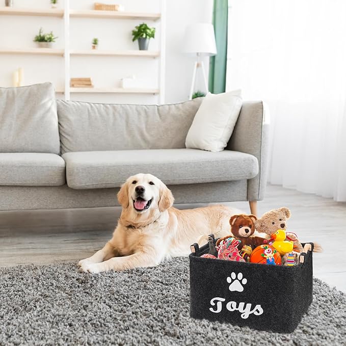 2 Pack Pet Toy Basket, Felt Collapsible Dog Toy Bin Box with Wooden Handles, Large Pet Supplies Storage Organizer for Toys, Blankets, Leashes, Clothing, 15" x 11" x 8.6''