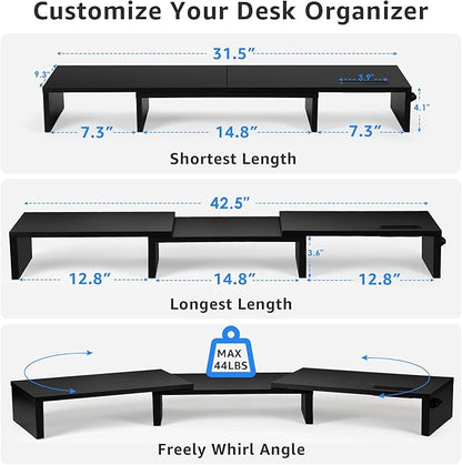 Dual Monitor Stand Riser for 2 Monitors, Monitor Stand for Desk, Adjustable Length & Swivel Angle Wooden Desktop Organizer Stand Riser with Smartphone Holder for PC Monitor Laptop, Black