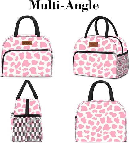 Coobiiya Lunch Bag Women, Lunch Box for Women Adult Men, Small Leak-proof Cute Lunch Tote Large Capacity Reusable Insulated Cooler Lunch Container for Work/Office/Picnic/Travel-Pink Cow