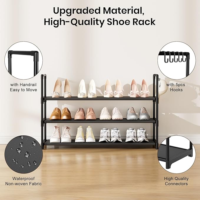 Shoe Rack for Closet Shoe Organizer Space Saver Storage for 12-15 Pair Shoe Shelf with Hook Free Standing 3 Tier Shoe Rack Organizer for Entryway, Small Spaces, Black