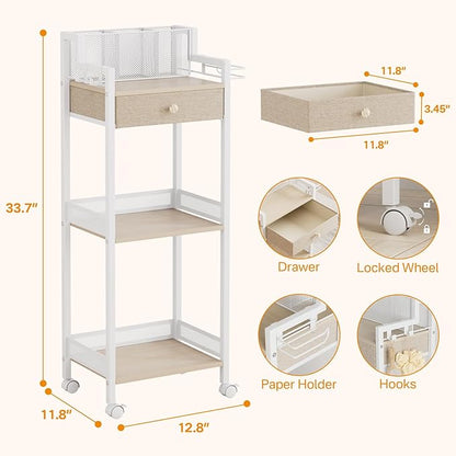 3 Tier Rolling Utility Cart Organizer with Removable Drawer, 12.8in Large Floor Makeup Skincare Organizers Cosmetics Display Cases Holder for Hair Tool, Kitchen, Bathroom, Laundry Room Organization
