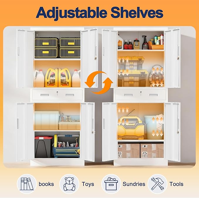 Metal Storage Cabinet, 71" H x 28" W x 16" D Locking Storage Cabinet with Adjustable Shelves and One Drawer for Office, Garage, Home, School, Utility(White)