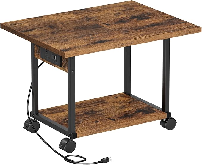 Printer Table, 2-Tier Under Desk Printer Stand with Charging Station, Printer Stand with Wheels, Printer Shelf for Small Spaces, PrinterCart for Home Office Rustic Brown