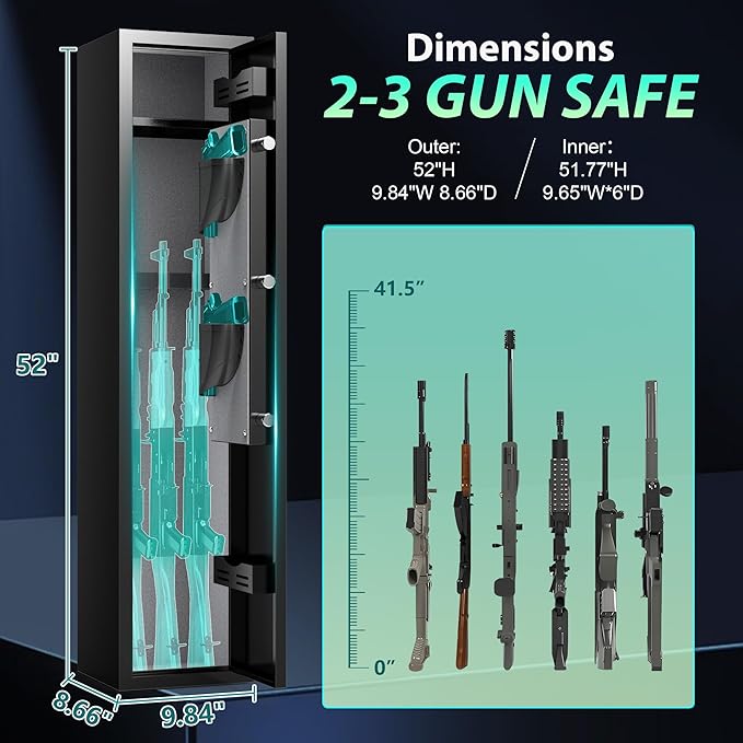 2-3 Gun Safe for Rifles and Pistols, No Assembly Required Gun Cabinet with Removable Shelf, Rifle safe with 180° Full Access Door, Gun Safes with Password Lock, Alarm System & Mute Mode
