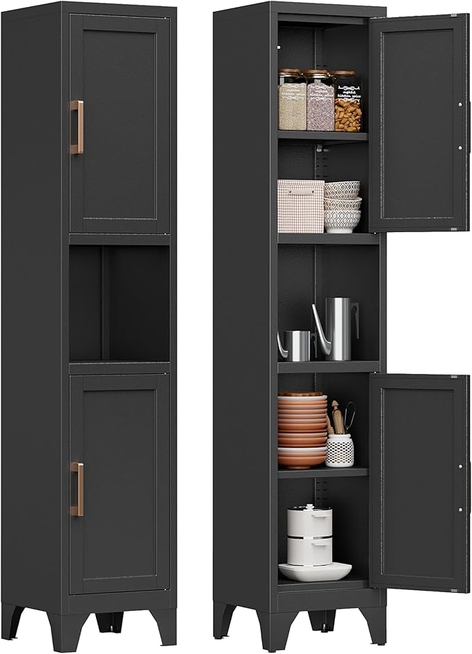 67" H Black Metal Narrow Pantry Cabinet with 2 Doors and 2 Adjustable Shelves, 5 Tier Small Thin Storage Cabinet with Legs and Gold Handle for Kitchen,Home Office,Bath,Laundry,Easy Assembly