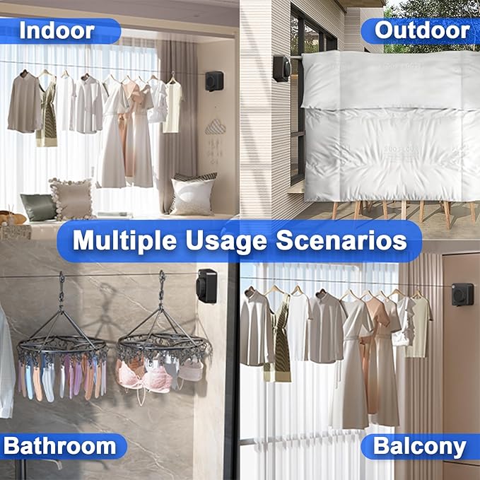 Retractable Clothesline Indoor & Outdoor, 15.6 Ft Non-Sagging Stainless Steel Laundry Line with Wall Mounted Heavy Duty Design, Space-Saving Drying Rack for Bathroom, Balcony(1, Black)