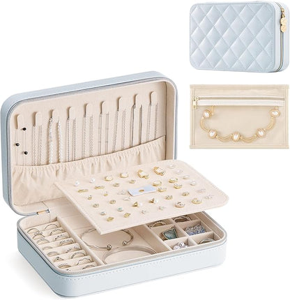 Lolalet Travel Jewelry Case for Women Girls, Travel Jewelry Organizer with Clear Storage Bag Small Portable Jewelry Box for Necklace Bracelet Earring Ring Birthday Bridesmaid Gifts -Large/Blue
