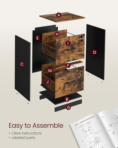 VASAGLE 2 Drawers File Cabinet with Lock, Printer Stand, Office Filing Cabinet Organizer, for A4 and Letter Size Documents, Rustic Brown and Ink Black UOFC061B01