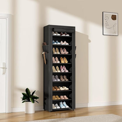 Narrow Shoe Rack with Cover 10 Tier Tall Shoe Rack Organizer Large Capacity Shoe Shelf Storage 18-22 Pairs Space Saving Free Standing Shoe Storage Organizer for Closet, Entryway, Dorm, Black