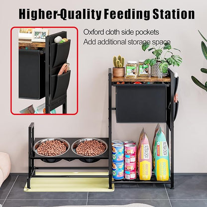 Elevated Dog Bowl Stand with Toy Basket Adjustable Metal Feeding Station Cabinet with Non-Slip Silicone Mat Pet Storage Organizer for Large Medium Small Dogs and Cats Black Include 2 Dog Bowl