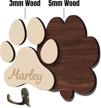 Personalized 2 Pack Dog Leash Holder for Wall Mount, Custom Name Paw Print Wooden Hook, Dog Collar and Harness Organizer, Key and Leash Holder for Entryway, Gift for Dog Lovers