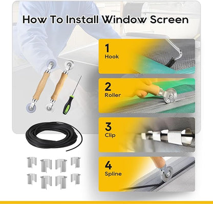 King&Charles Window Screen Door Repair/Replacement Kit, Include Gray Screen Mesh 59"x106"+ 2 Roller+50Ft Spline+8Clips+Hook, 6 in 1 Window Mesh Kit, Steel/Nylon Bearing Roller