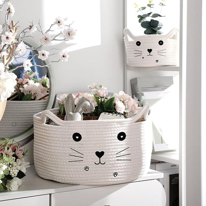 Zopeal Cat Basket Storage Woven Organizer with Ears Easter Decorative Gift Pet Toy Cute Cotton Rope Basket for Gift Cat Dog Toy Bin Nursery Room(13.7 x 7.8 Inch,White)