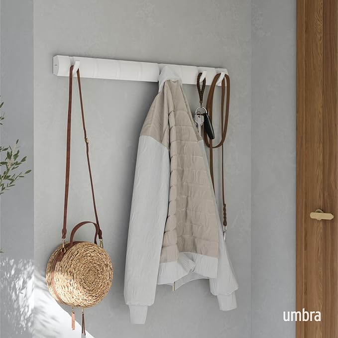 Umbra Flip Wall-Mounted Coat Rack with 8 Hooks – Modern, Space-Saving Storage for Hats, Jackets, Bags, Entryway, Mudroom, Closet, Bathroom, Bedroom – White/White