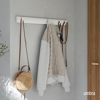 Umbra Flip Wall-Mounted Coat Rack with 8 Hooks – Modern, Space-Saving Storage for Hats, Jackets, Bags, Entryway, Mudroom, Closet, Bathroom, Bedroom – White/White